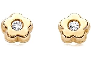 MONDE PETIT Pendientes Bebe Oro Amarillo 9K Flor Margarita Circonita Brillo - Certificado Garantía - Mondepetit - 1811