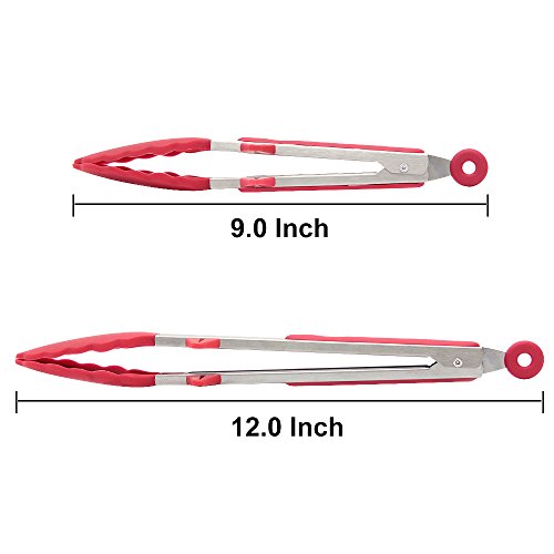 Zilong Küchenzangen/Silikon Grillzangen 9 Zoll + 12 Zoll Antirutsch und Edelstahl Zangen/Silikon Zangen/Küchenhelfer/Küchenzubehör perfekt für Kochen,Grill,Salat,Buffet,usw. Rot,2 Stk. - 4