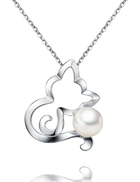 VIKI LYNN Damen Kette Katze Perlenkette Sterling Silber 925 Halskette mit 18K Weissgold plattierte Katze Form...