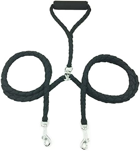 Jptuotu Double Dog Leash Coupler for 2 Dogs Braided No Tangle Padded Handle Dog Nylon Lead for Two Dogs (Black)