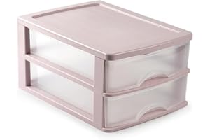 CABLEPELADO Torre de almacenamiento con 2 cajones sobremesa, Organizador de escritorio, Caja de almacenamiento de escritorio,18.5 cm alto x 26 cm ancho x 35 cm fondo, Rosa y cajones transparentes