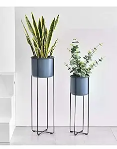 Weston Crafts Midcentury Modern Flower, Plant, and Succulent Stand Minimalist Planter - Metal, Indoor, Outdoor Design Black Stand Blue Pot