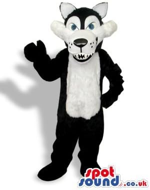 Black Wolf Plush SPOTSOUND US Mascot Costume With A White Belly And Sharp Teeth