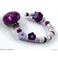 Schnullerkette mit Namen Mädchen Holz Eule Blumen - Sternenclip beere, flieder, weiß geprägte Holzbuchstaben - tolles Geschenk zur Taufe Geburt fürs Baby