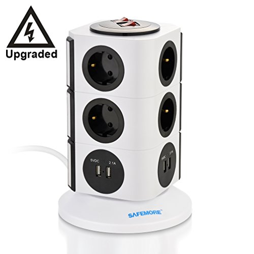 Preisvergleich Produktbild SAFEMORE Schaltbare 10 Fach Steckdosenleiste Überspannungsschutz Mehrfachsteckdosen Steckdosenturm 4 USB Anschlüsse mit Schalter Stromsparend Blitzschutz 2500W / 10A 2M Verlängerungskabel für Büro Haushalt TV(Weiß+Schwarz)
