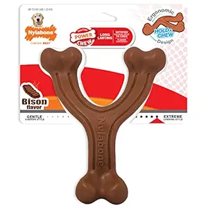 Nylabone Ergonomic Hold & Chew Wishbone Power Chew Durable Dog Toy Bison Flavor Large/Giant, Brown (NWB314P)