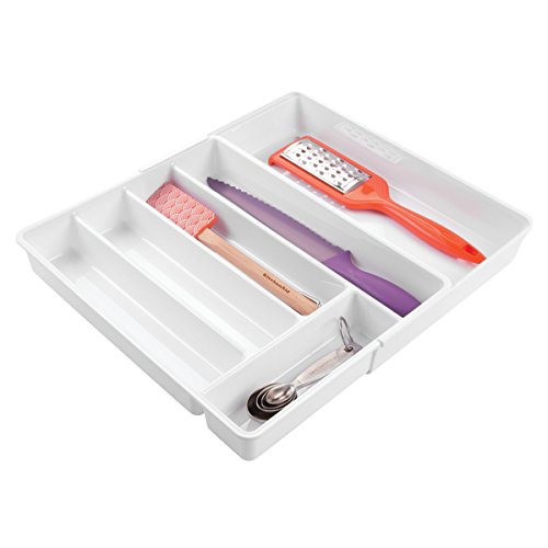 mDesign rutschfester Besteckkasten mit sechs Fächern – Ausziehbarer Besteckeinsatz für Schubladen ordnet Küchenutensilien – Schubladen Organizer für diverse Utensilien nutzbar – Farbe: Weiß - 3