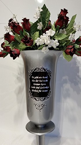 Friedhofsvase Grabvase mit Bodenhülse abnehmbar 32,7 x 13cm silber mit Spruch
