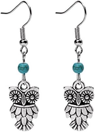 Silver Plated Ethnic Vintage Owl Charm&amp; Simulated turquoise Women Girls Hook Dangle Drop Earrings