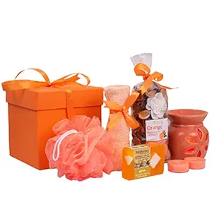 BodyHerbals Orange Soap Spa Gift Set - Energising Bath & Body Care Kit For Men & Women (Orange Bathing Bar 100gms, Face Terry Towel, Aroma Diffuser, Orange Potpourri, Bath Puff, 2 Tea Lites) Skin Care Set & Kits