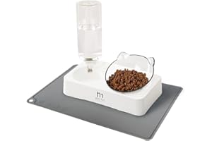 Marchul Gamelles pour Chat avec Tapis, Bol à Nourriture Surélevé, avec Bouteille d'eau par Gravité, Anti-vomissement Inclinable à 15° pour Chats et Chiots