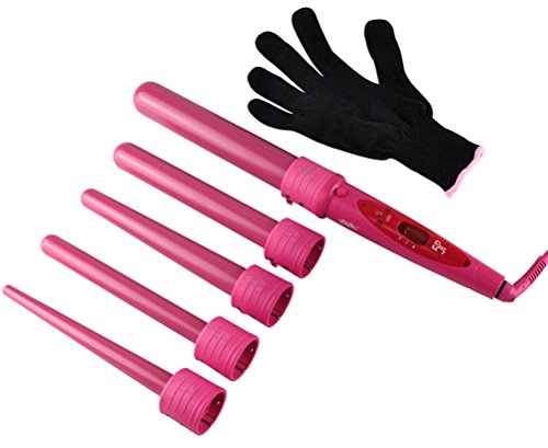 CoFashion Women Professional Automatic 5-in-1 Curling Wand Tongs Quick Heating Time-Saving 180?-210? Ceramic Tourmaline Barrels Salon Studio Hair Styler Tools Curling Iron Set Crimping Iron with Free Heat Resistant Gloves Best Birthday Mother Gift(Red)