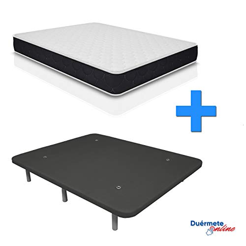Duermete Colchón Viscoelástico Pocket Visco (Cara Invierno-Verano) + Base Tapizada 3D Reforzada 5 Barras de Refuerzo con 6 Patas, Gris, 90x190