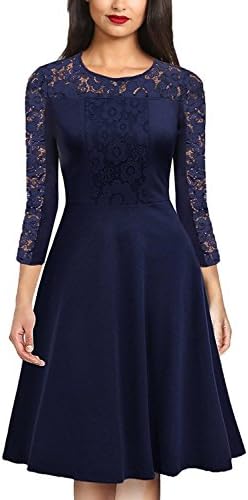 Women's Dresses Lace 3 Quaters Long Sleeve Crew Neck Midi Gown Navy Blue XXL
