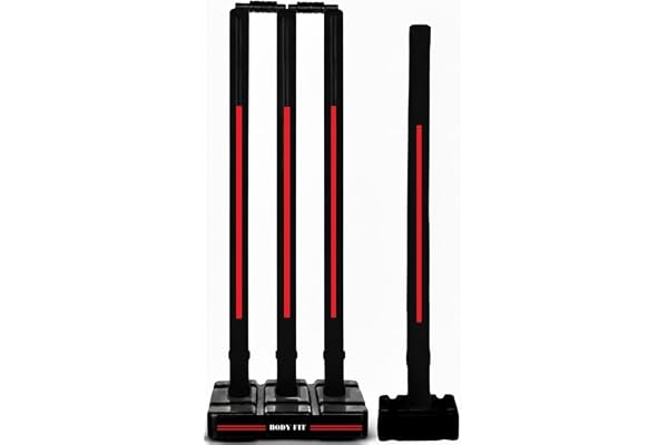 Bodyfit Heavy Duty Cricket Stumps Plastic Wickets Set with 4 Stumps + 2 Bails + 2 Stands Full Size Wickets for Cricket Ground, Tournament Wicket,Black with Red Accents.
