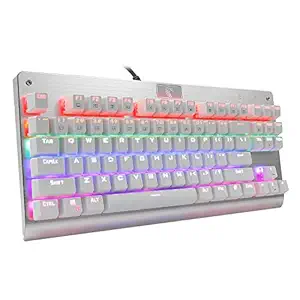 HUO JI Z-77 Mechanical Gaming Keyboard, Rainbow LED Backlit Adjustable, Red Switches, Waterproof, Compact 87 Keys Anti-ghosting, for Windows PC, Laptop, Mac (White)