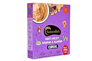 Naturelish Multi-Millet Banana and Almonds Cereal | multigrain Porridge | 100% Natural, Healthy and tasty breakfast / snack option for kids | No preservatives, salt or sugar | 200Grams