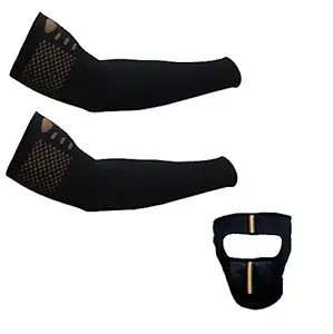 Stylewell Set Of 1 Pair Soft Nylon Black Color Arm Sleeves With Net Pattren & 1Pcs Anti Pollution Full Face Mask For Boys Girls