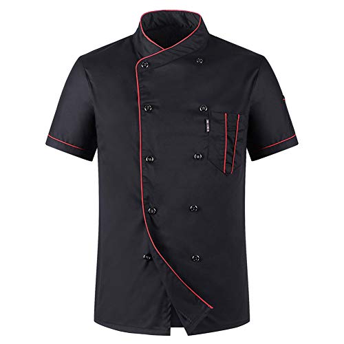 Kinnart Chamarra de Chef Unisex con Cuello de Manga Corta, Cuello Alto de Manga Corta para Hombre con Doble Pecho para Chef Camarero Uniforme Suelto Playera, Algodón, Licra, Negro, Large