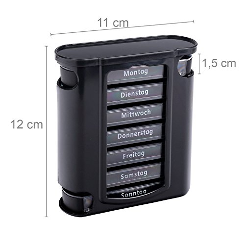 S/O® Tablettenbox schwarz mit schwarzen Schiebern 7 Tage Pillen Tabletten Box Schachtel Tablettendose Pillendose Pillenbox Tablettenboxen Pillendosen Pillen Dose Wochendosierer - 5