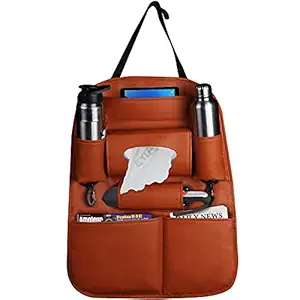 EYUVAA LABEL PU Leather Multifunctional Car Back Seat Storage Organizer with Tissue Box, Tablet, Bottle, and Umbrella Holder Pockets for SUVs Van (Standard Size, Tan)