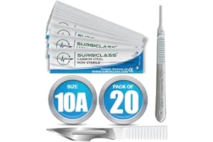 SURGICLASS Scalpel Blades # 10A Carbon Steel Non Sterile Scalpel Surgical Blades Pack of 20 and Steel Handle for Wood Art, Surgical, Sculpting, Repairs, Lab Anatomy, Sign, Card Making Lab Training SURGIBL10A-20