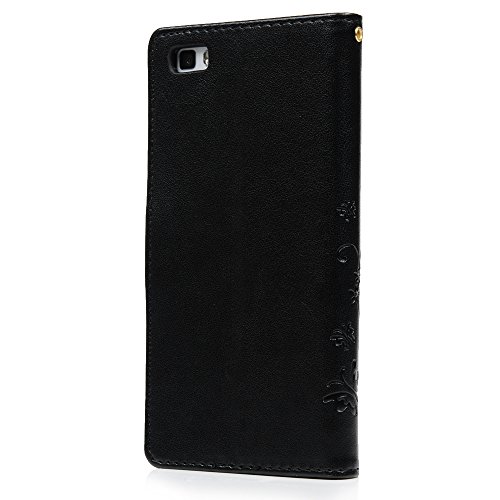 P8 Lite Hülle, Huawei P8 Lite Tasche YOKIRIN Schwarz PU Leder Handytasche Drucken Schmetterling Weinstock Wallet Schutzhülle Kunstlederhülle Taljereep Kredit Kartenfächer Case Book Cover Flipcase - 4