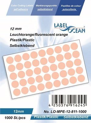 Pack of 1000-12 mm Plastic PVC Waterproof Coloured Dot Stickers Round Sticky Adhesive Spot Circles (Fluorescent Orange)
