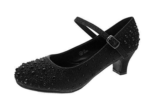 Zapatos Mary Jane de Lora Dora, para fiestas, diseño brillante con tacón bajo, para niños, talla 27 a 34, color Negro, talla 31 EU Niño