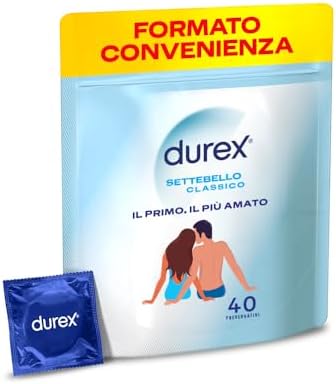 Durex Settebello Classico, Preservativi Durex Classici, Formato Convenienza, Confezione Riciclabile Salvaspazio, 40 Profilattici