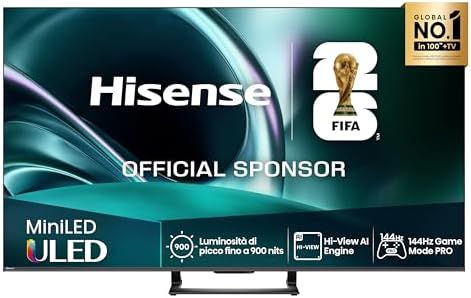 Hisense TV 50" Mini-LED 144Hz 4K 2025 50U72Q, Smart TV VIDAA U8, Dolby Vision IQ, HDR 10+ Adaptive, 144Hz Game Mode PRO, Dolby Atmos 2.1 con Subwoofer, Alexa Built-in, VIDAA Voice, lativù 4K, 50''