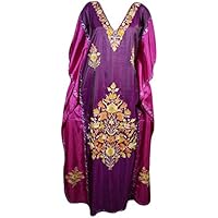 Mogul Interior Women's Caftan Maxi Purple Embroidered Kashmiri Kaftan Dress One Size