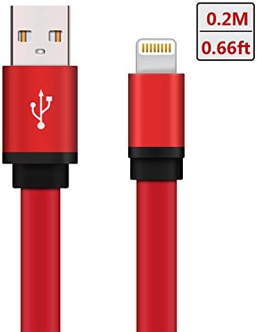 iPhone Charger, HQTech USB Flat/Noodle Charger &amp; Sync Short Cable 0.2M(0.66FT) for iPhone 5 6 7 8 plus SE, iPad 4th Mini Air Pro(Red) - 6251