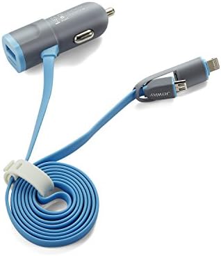 Car Charger, Dual USB Car Adaptor 24W/4.8A, built-in 1m 2-In 1 Cable Lightning Micro USB Cable for both iOS and Android Devices , most smartphones, tablet and more