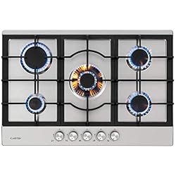 Klarstein Ignito 5 zones Plaque de cuisson à gaz - 5 feux, 75 cm, encastrée, brûleur Sabaf, gaz naturel/gaz propane, soupapes de sécurité, arrêt automatique, porte-casseroles en fonte, inox, argent