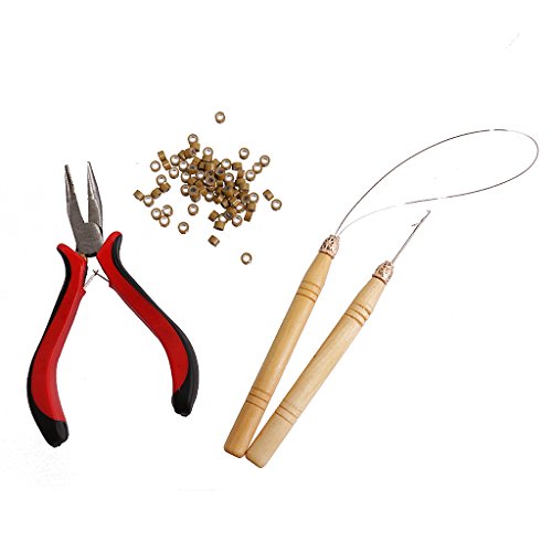 Hair Extension Pliers & Pulling Wood Hook Needle Micro Rings Beads Loop Tools Kit