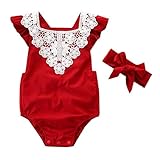 IZHH Babykleider, Kleinkind Neugeborenen Ärmellos Kinder Lace Strampler Overall + Stirnbänder Set Outfit 6-24 M Zweiteiliges Set(Rot,70)