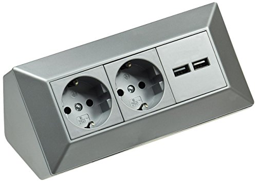 2 enchufes de mesa + 2 enchufes USB I esquineros 230 V 16 A 45 ° de montaje precableado para encimera, oficina, cocina, taller, plata
