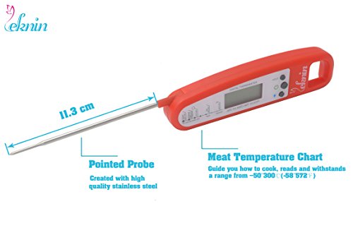 Digital Küchenthermometer Haushaltsthermometer – Leknin Einkochthermometer mit LCD Display und Magnethalter, sofort lesen, lange Sonde, ideale für Braten, Kochen, Grillen/BBQ, Backen, Baby-Ernährung (Rot) - 3