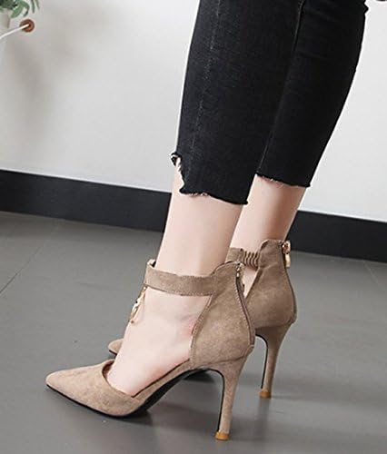 AJUNR New/Fashion/Work/High-Heel/Women Tip Sexy Shallow Mouth With A Fine All-Match Shoes Metal Round Buckle 8.5Cm Shoes Sand Color Ed Shoes 37