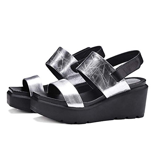 Onfly Square Toe Peep Toe Cowhide Sandals Thick Platform Wedge Heel Slip-On Shoes Adjustable Size Of Velcro