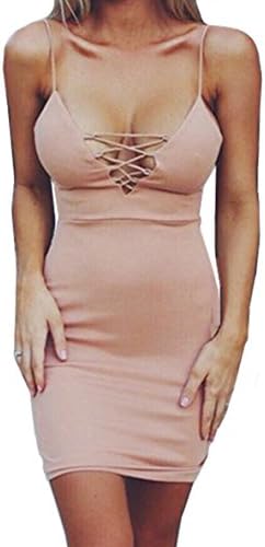 FANOVI Women's Sexy Lace up V Neck Strap Spaghetti Bodycon Mini Short Party Dress Blush Pink Medium UK 10-12