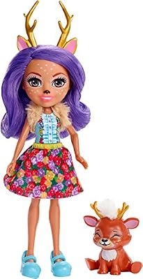 Enchantimals Mini-poupée Danessa Biche et Figurine Animale Sprint aux Longs Cheveux Violets Bouclés, Jupe Amovible et Faux Col, Jouet pour Enfant, FXM75