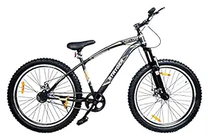 STRYDER Gelon 26 Inch Tire Single Speed Unisex Mountain/Hardtail Cycle Bike - 17inch Frame, Semi Fat Bike, Dual Disc, Front Suspension, Metallic Black/Orange, Ideal for 13+ Years, Teen