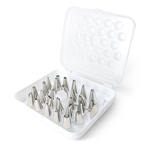 SveBake Spritztüllen Set mit 26 Edelstahl Spritztüllen, 1 Blumennagel und 1 Kupplung, Perfekt Garniertülle Set für Gebäck, Cupcake, Plätzchen und Kuchen Deko