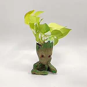 Alidhra Garden Groot with Live Money Plant, Resin Material, Wooden Design, 14x10 cm, Pen Stand Pot & Widely Used for Indoor Plants, Bonsai and Succulent Plant Stand and Flower Pot for Home and Office