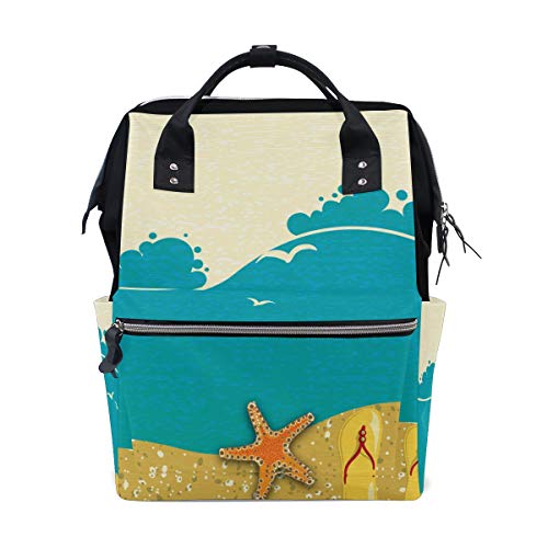 TIZORAX Yellow Beach Starfish Seashells Slipper Diaper Backpack Large Capacity Baby Bag Multi-Function Nappy Bags Travel Mom Backpack for Baby Care