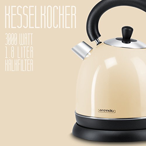 Arendo – 3000 Watt Retro Edelstahl Wasserkocher / Teekessel | 3000 Watt Leistungsaufnahme (Schnellkoch-Wasserkocher) | integrierter Kalkfilter rausnehmbar | Füllmenge maximal 1,8 Liter | automatische Abschaltung | in Creme - 2