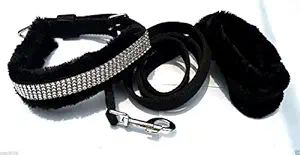 BLACK DOG Leash and Collar for Large Dogs with Fur Diamond Nylon Double Strip Set for Adult Medium to Large Dogs, Minimum & Maximum Neck Round Size -20 inch - 24.5 inch (1.25 inch-Large, Black)