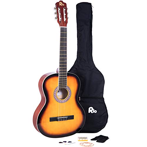 RayGar Guitare classique acoustique 4/4 avec cordes en nylon + housse, sangle, plectre, accordeur et DVD tutoriel 4/4 soleil